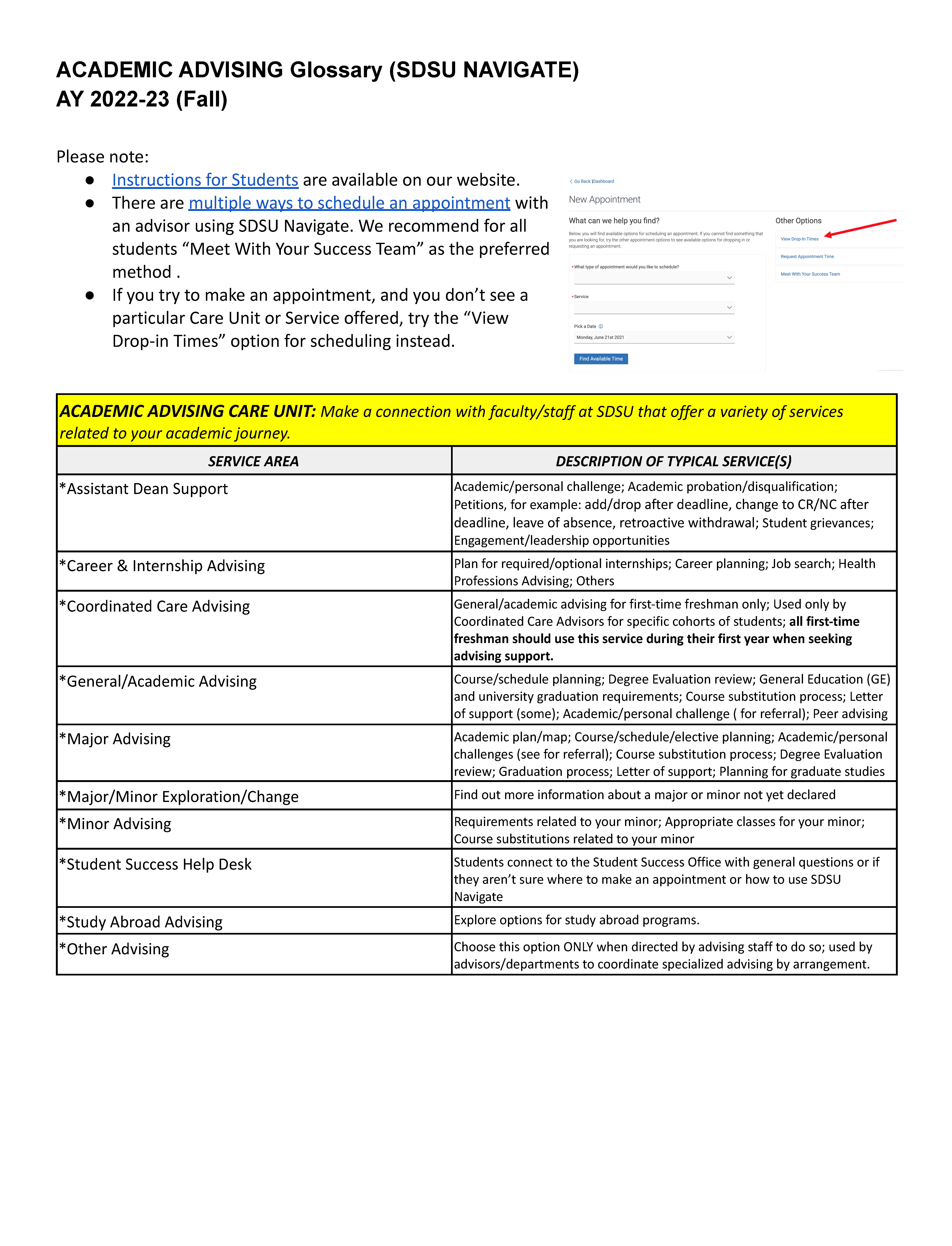 Academic Advising Services List