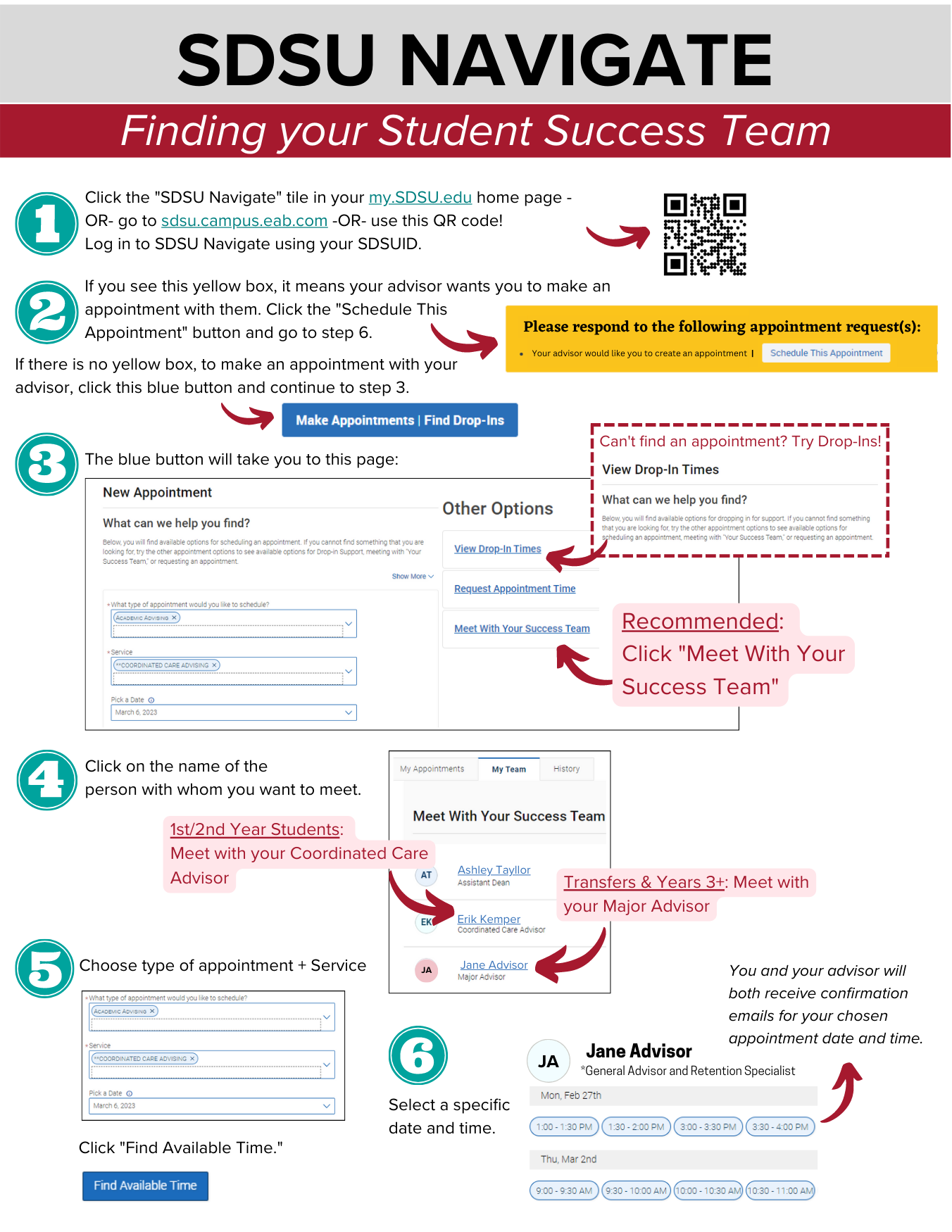 A step-by-step visual guide shows SDSU students how to use SDSU Navigate to schedule appointments with advisors. It includes icons, screenshots, arrows, text boxes, and color-coded highlights to help students navigate the platform effectively.